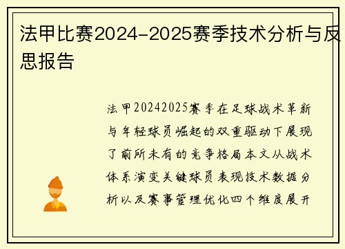 法甲比赛2024-2025赛季技术分析与反思报告