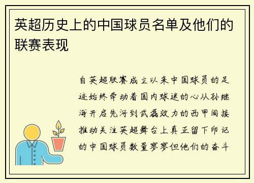 英超历史上的中国球员名单及他们的联赛表现